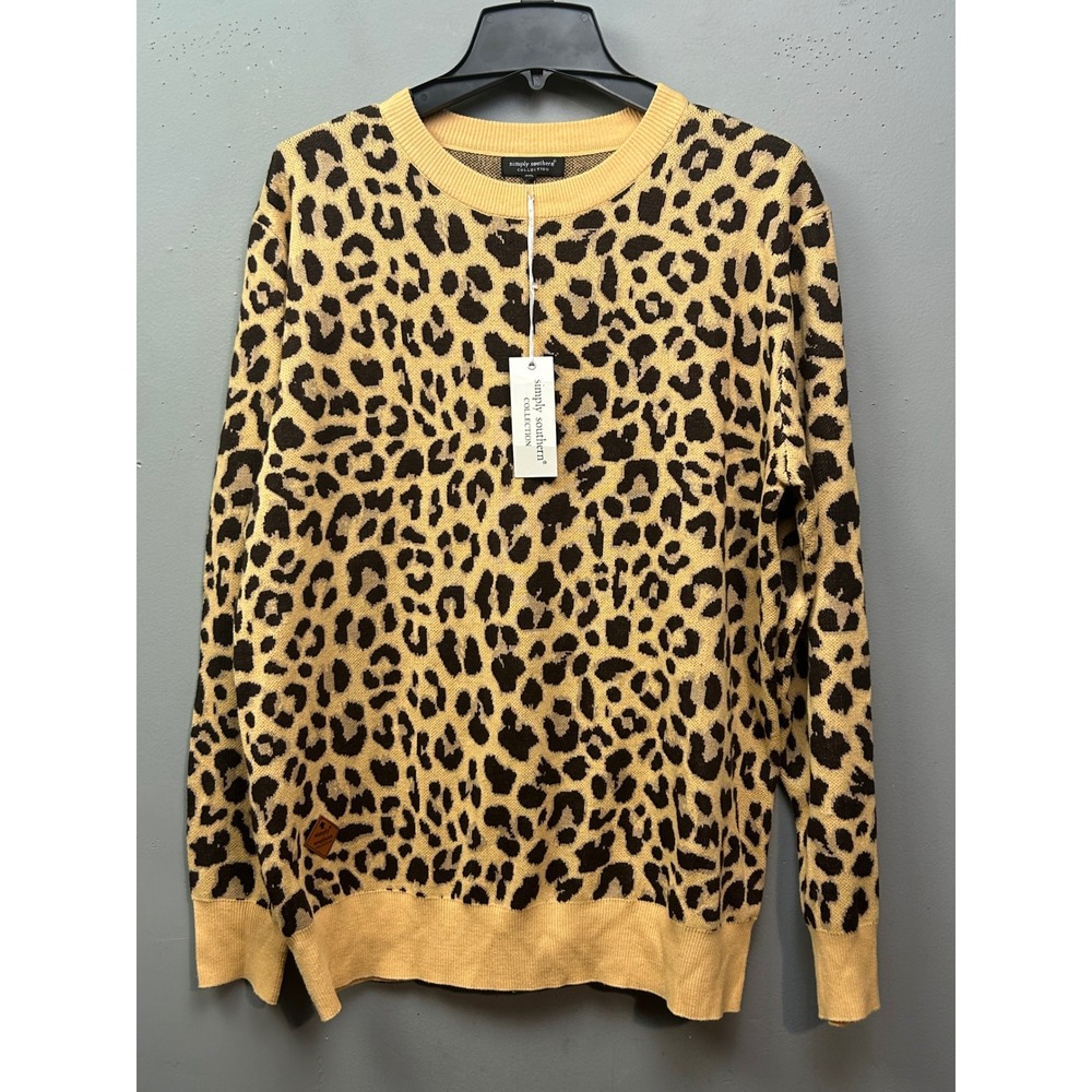 Simply Southern Sweater Womens XXL Tan Leopard Print Crewneck Pullover Animal